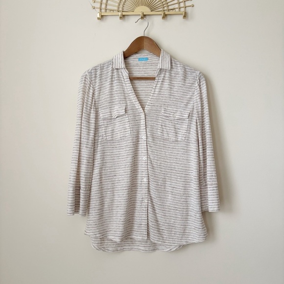 J. McLaughlin Tops - J. McLaughlin Brynn Linen Tan Striped Shirt XL